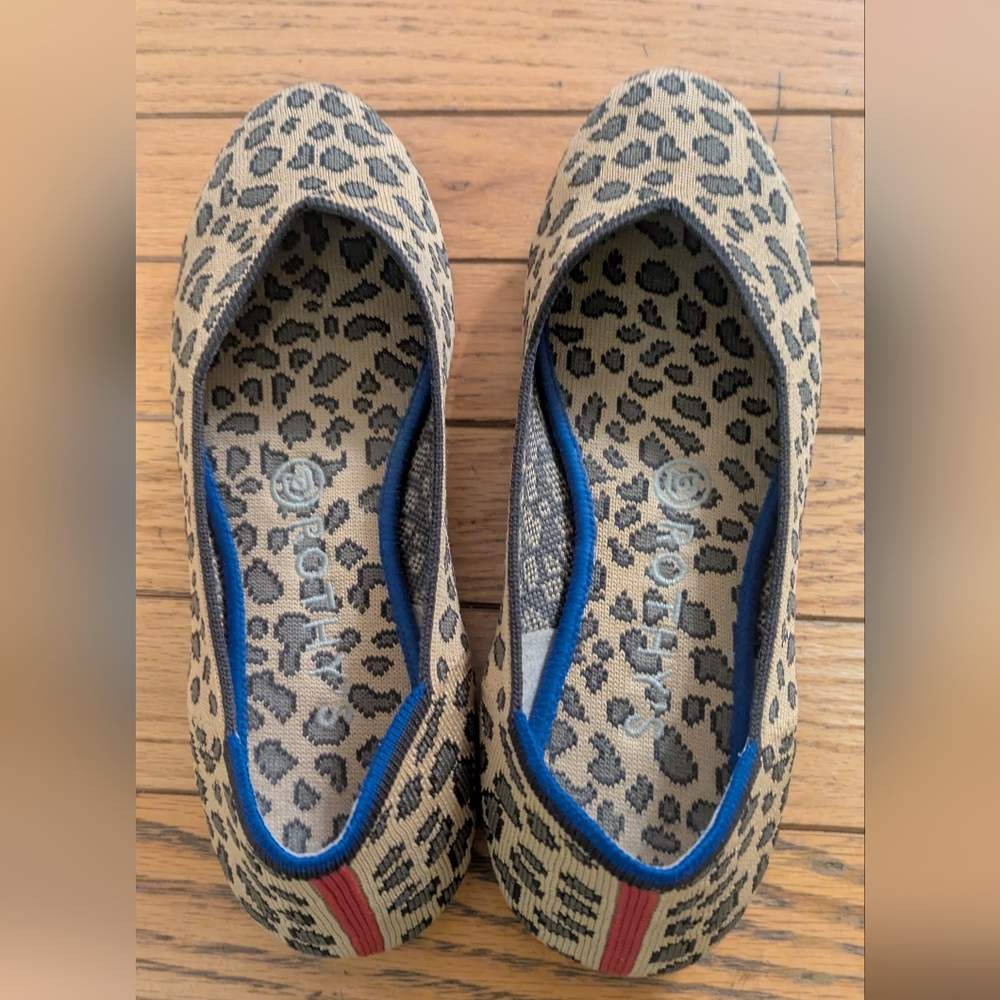 Rothy's Leopard Print Flats with Blue Trim and Red Accent Stripe